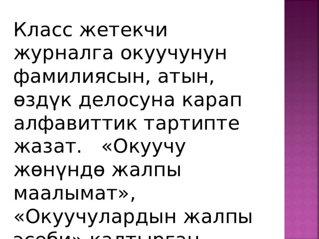 Класс жетекчи журналга окуучунун фамилиясын, атын, өздүк делосуна карап алфавиттик тартипте жазат. «Окуучу жөнүндө жалпы маалымат», «Окуучулардын жалпы эсеби» калтырган күндөрү жазылат (ай сайын) 