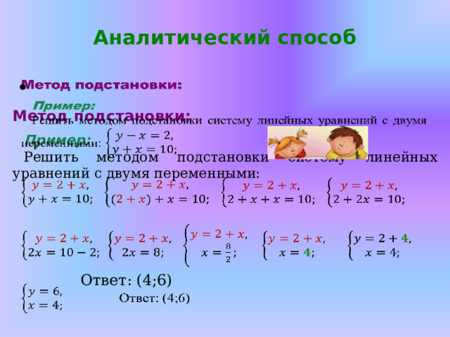 Аналитический способ     Метод подстановки:  Пример: Решить методом подстановки систему линейных уравнений с двумя переменными:     Ответ: (4;6) 