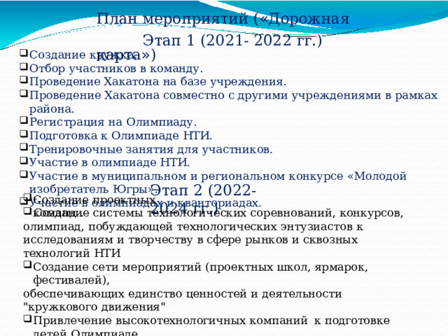План  мероприятий  ( « Дорожная  карта » ) Этап  1  (2021-  2022  гг.) Создание  кружка. Отбор  участников  в  команду. Проведение  Хакатона  на  базе  учреждения. Проведение  Хакатона  совместно  с  другими  учреждениями  в  рамках  района. Регистрация  на  Олимпиаду. Подготовка  к  Олимпиаде  НТИ. Тренировочные  занятия  для  участников. Участие  в  олимпиаде  НТИ. Участие  в  муниципальном  и  региональном  конкурсе  «Молодой  изобретатель  Югры». Участие  в  олимпиадах  и  кванториадах. Этап  2  (2022-  2024  гг.) Создание  проектных  команд  .  Создание  системы  технологических  соревнований,  конкурсов,  олимпиад, побуждающей  технологических  энтузиастов  к  исследованиям  и  творчеству  в сфере  рынков и  сквозных  технологий  НТИ Создание  сети  мероприятий  (проектных  школ,  ярмарок,  фестивалей), обеспечивающих  единство  ценностей  и  деятельности  
