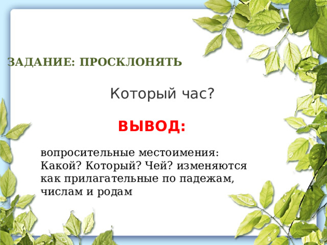 ЗАДАНИЕ: ПРОСКЛОНЯТЬ   Который час? ВЫВОД: вопросительные местоимения: Какой? Который? Чей? изменяются как прилагательные по падежам, числам и родам 