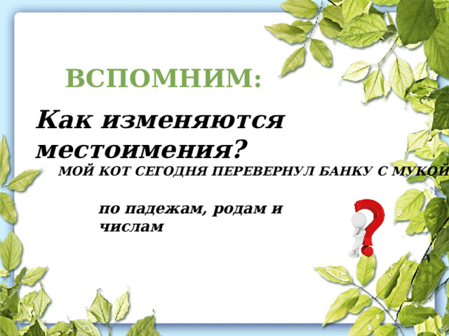  ВСПОМНИМ: Как изменяются местоимения?  МОЙ КОТ СЕГОДНЯ ПЕРЕВЕРНУЛ БАНКУ С МУКОЙ . по падежам, родам и числам 