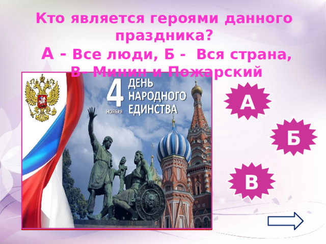 Кто является героями данного праздника?  А - Все люди, Б - Вся страна,  В- Минин и Пожарский А Б В 