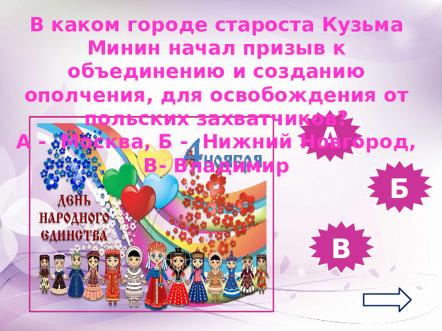В каком городе староста Кузьма Минин начал призыв к объединению и созданию ополчения, для освобождения от польских захватчиков? А - Москва, Б - Нижний Новгород, В- Владимир А Б В 