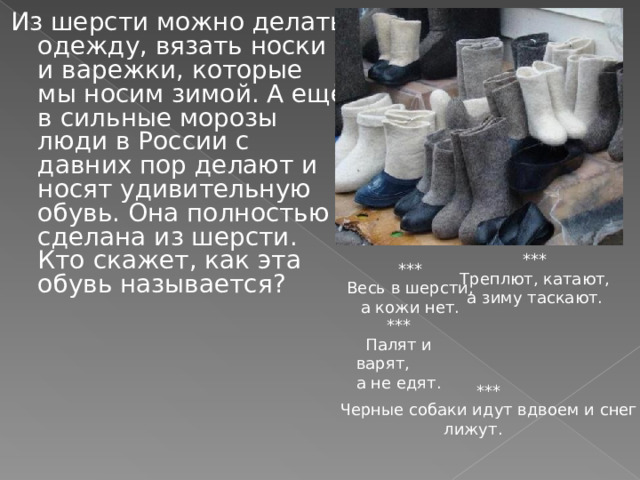 Из шерсти можно делать одежду, вязать носки и варежки, которые мы носим зимой. А ещё в сильные морозы люди в России с давних пор делают и носят удивительную обувь. Она полностью сделана из шерсти. Кто скажет, как эта обувь называется? *** Треплют, катают, а зиму таскают. *** Весь в шерсти, а кожи нет. *** Палят и варят, а не едят. *** Черные собаки идут вдвоем и снег лижут. 