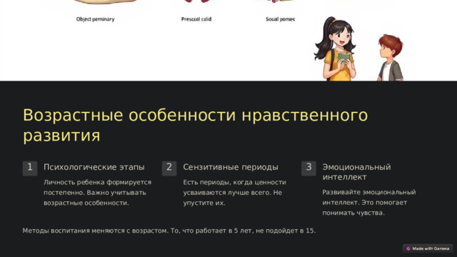 Возрастные особенности нравственного развития Психологические этапы Сензитивные периоды Эмоциональный интеллект 1 2 3 Личность ребенка формируется постепенно. Важно учитывать возрастные особенности. Есть периоды, когда ценности усваиваются лучше всего. Не упустите их. Развивайте эмоциональный интеллект. Это помогает понимать чувства. Методы воспитания меняются с возрастом. То, что работает в 5 лет, не подойдет в 15.  