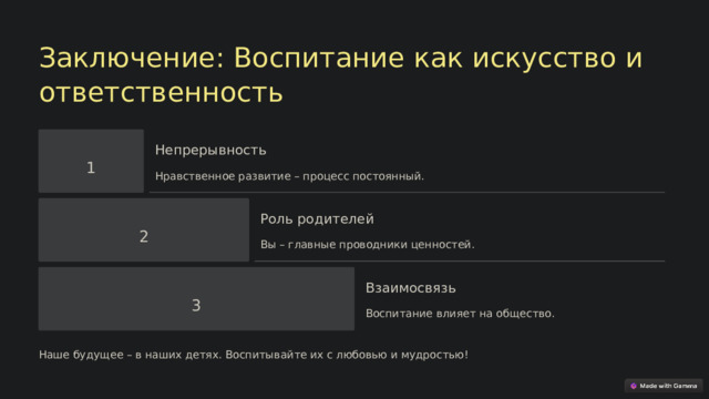Заключение: Воспитание как искусство и ответственность Непрерывность 1 Нравственное развитие – процесс постоянный. Роль родителей 2 Вы – главные проводники ценностей. Взаимосвязь 3 Воспитание влияет на общество. Наше будущее – в наших детях. Воспитывайте их с любовью и мудростью!  