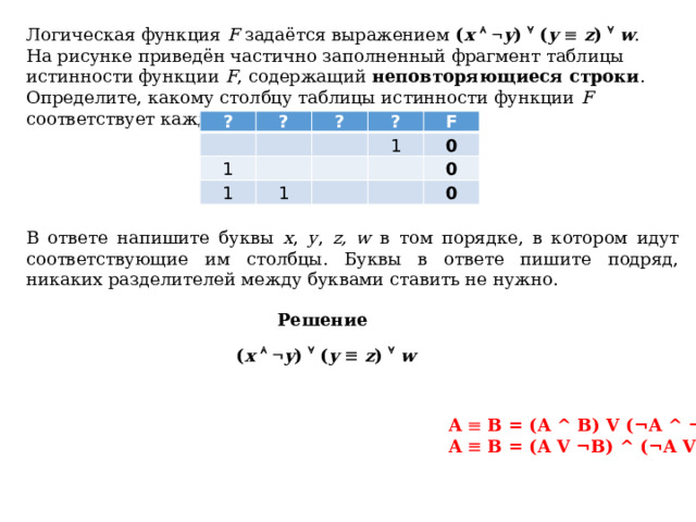 Логическая функция F задаётся выражением ( x     y )  ( y    z )   w . На рисунке приведён частично заполненный фрагмент таблицы истинности функции F , содержащий неповторяющиеся строки . Определите, какому столбцу таблицы истинности функции F соответствует каждая из переменных x , y , z, w . ? ?   ?   1   ?   1 1   1 F   0   0   0 В ответе напишите буквы x , y , z, w в том порядке, в котором идут соответствующие им столбцы. Буквы в ответе пишите подряд, никаких разделителей между буквами ставить не нужно. Решение ( x     y )  ( y    z )   w A  B = (A ^ B) V (¬A ^ ¬B) A  B = (A V ¬B) ^ (¬A V B) 
