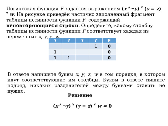 Логическая функция F задаётся выражением ( x     y )  ( y    z )   w . На рисунке приведён частично заполненный фрагмент таблицы истинности функции F , содержащий неповторяющиеся строки . Определите, какому столбцу таблицы истинности функции F соответствует каждая из переменных x , y , z, w . ? ?     ? 1   ?   1 1 F   1   0   0   0 В ответе напишите буквы x , y , z, w в том порядке, в котором идут соответствующие им столбцы. Буквы в ответе пишите подряд, никаких разделителей между буквами ставить не нужно. Решение ( x     y )  ( y    z )   w = 0 
