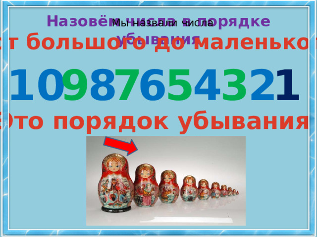 Назовём числа в порядке убывания Мы назвали числа  от большого до маленького 8 7 6 5 4 10 2 1 9 3 Это порядок убывания 