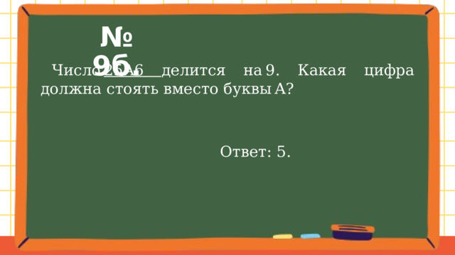 № 9б.  Число  25A6 делится на 9. Какая цифра должна стоять вместо буквы A? Ответ: 5. 