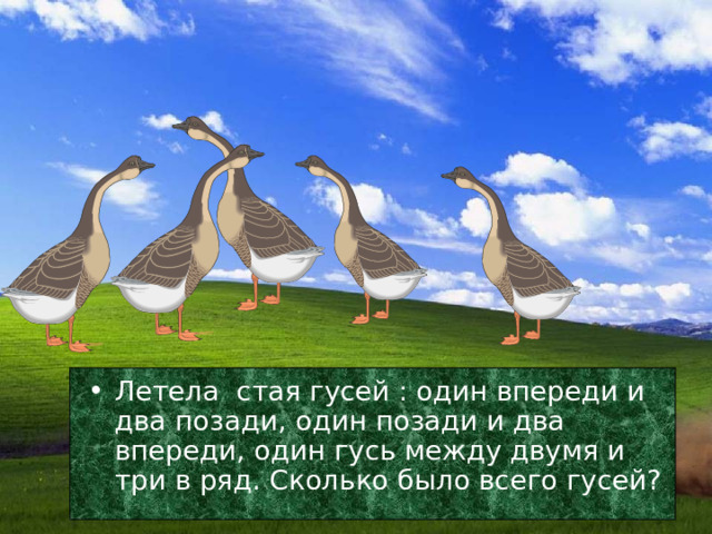 Летела стая гусей : один впереди и два позади, один позади и два впереди, один гусь между двумя и три в ряд. Сколько было всего гусей? 