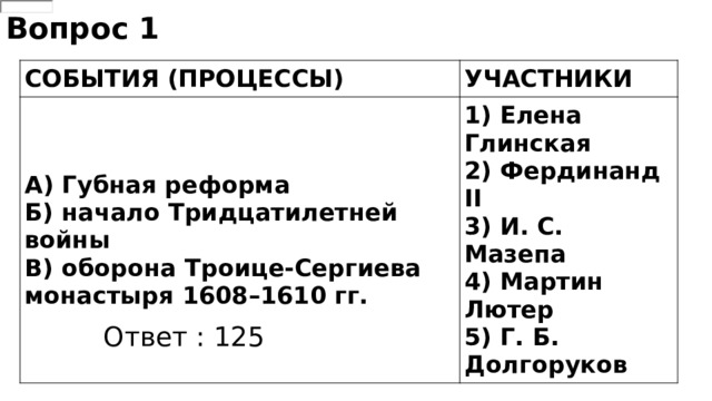 Вопрос 1 СОБЫТИЯ (ПРОЦЕССЫ) УЧАСТНИКИ А) Губная реформа Б) начало Тридцатилетней войны 1) Елена Глинская В) оборона Троице-Сергиева монастыря 1608–1610 гг. 2) Фердинанд II 3) И. С. Мазепа 4) Мартин Лютер 5) Г. Б. Долгоруков Ответ : 125 