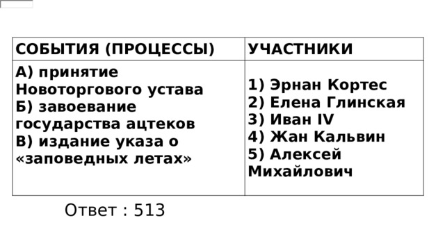 СОБЫТИЯ (ПРОЦЕССЫ) УЧАСТНИКИ А) принятие Новоторгового устава Б) завоевание государства ацтеков 1) Эрнан Кортес В) издание указа о «заповедных летах» 2) Елена Глинская  3) Иван IV 4) Жан Кальвин 5) Алексей Михайлович Ответ : 513 