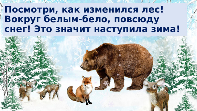 Посмотри, как изменился лес!  Вокруг белым-бело, повсюду снег! Это значит наступила зима! 