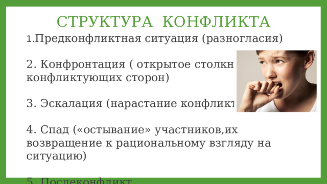 СТРУКТУРА КОНФЛИКТА 1. Предконфликтная ситуация (разногласия) 2. Конфронтация ( открытое столкновение конфликтующих сторон) 3. Эскалация (нарастание конфликта) 4. Спад («остывание» участников,их возвращение к рациональному взгляду на ситуацию) 5. Послеконфликт 