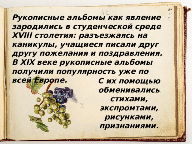Рукописные альбомы как явление зародились в студенческой среде XVIII столетия: разъезжаясь на каникулы, учащиеся писали друг другу пожелания и поздравления. В XIX веке рукописные альбомы получили популярность уже по всей Европе. С их помощью обменивались стихами, экспромтами, рисунками, признаниями. 