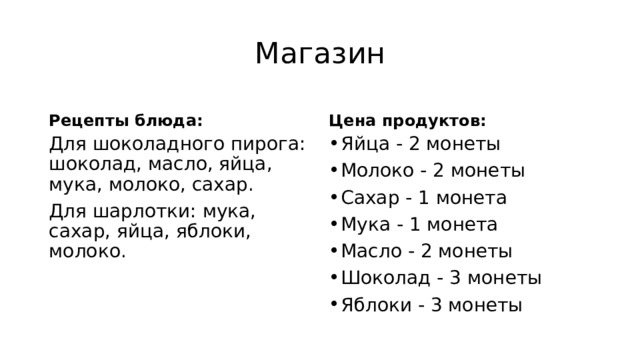 Магазин Рецепты блюда: Цена продуктов: Для шоколадного пирога: шоколад, масло, яйца, мука, молоко, сахар. Яйца - 2 монеты Молоко - 2 монеты Сахар - 1 монета Мука - 1 монета Масло - 2 монеты Шоколад - 3 монеты Яблоки - 3 монеты Для шарлотки: мука, сахар, яйца, яблоки, молоко. 
