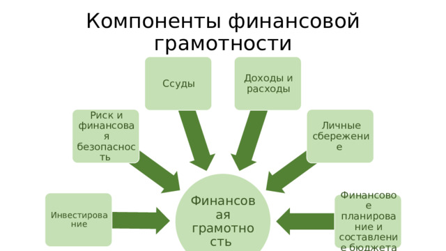 Компоненты финансовой грамотности Ссуды Доходы и расходы Риск и финансовая безопасность Личные сбережение Финансовая грамотность Инвестирование Финансовое планирование и составление бюджета 