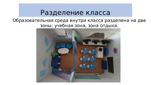 Разделение класса Образовательная среда внутри класса разделена на две зоны: учебная зона, зона отдыха. 