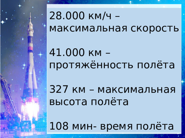 28.000 км/ч –максимальная скорость 41.000 км – протяжённость полёта 327 км – максимальная высота полёта 108 мин- время полёта 