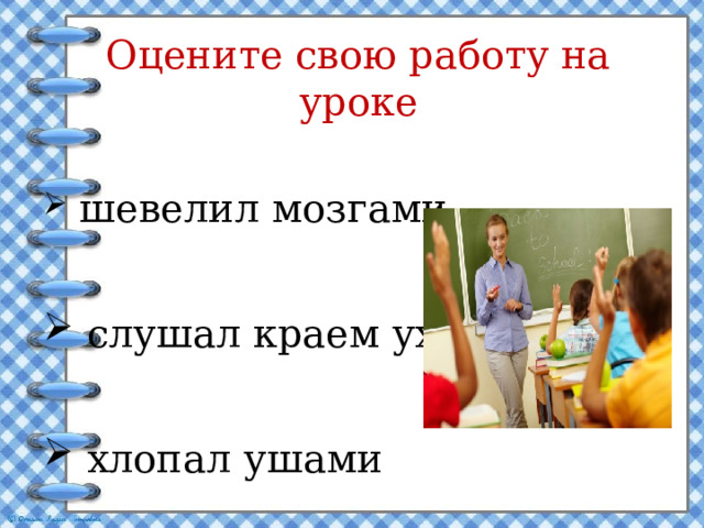 Оцените свою работу на уроке  шевелил мозгами  слушал  краем уха  хлопал ушами 