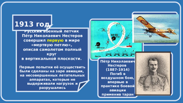     1913 год    Русский военный летчик Пётр Николаевич Нестеров совершил первую в мире «мертвую петлю», описав самолетом полный круг в вертикальной плоскости.  Первые попытки её осуществить были сделаны на заре авиации, на несовершенных летательных аппаратах, которые не выдерживали нагрузок и разрушались  Пётр Николаевич Нестеров (1887-1914) Погиб в воздушном бою, впервые в практике боевой авиации применив таран 
