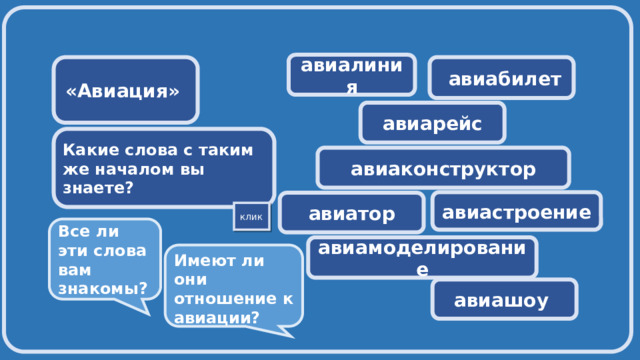  авиалиния  авиабилет «Авиация» авиарейс Какие слова с таким же началом вы знаете? авиаконструктор авиастроение авиатор клик Все ли эти слова вам знакомы? авиамоделирование  Имеют ли они отношение к авиации?  авиашоу  