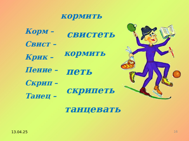 кормить Корм – Свист – Крик – Пение – Скрип – Танец – свистеть кормить петь скрипеть танцевать 13.04.25 14 