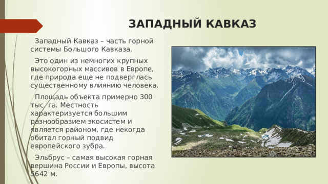 ЗАПАДНЫЙ КАВКАЗ  Западный Кавказ – часть горной системы Большого Кавказа.  Это один из немногих крупных высокогорных массивов в Европе, где природа еще не подверглась существенному влиянию человека.  Площадь объекта примерно 300 тыс. га. Местность характеризуется большим разнообразием экосистем и является районом, где некогда обитал горный подвид европейского зубра.  Эльбрус – самая высокая горная вершина России и Европы, высота 5642 м. 