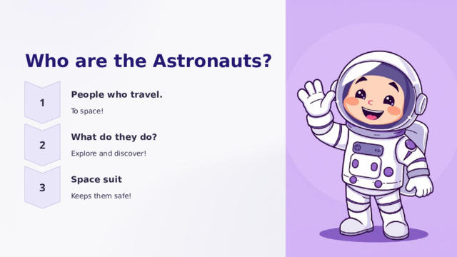  Who are the Astronauts? People who travel. To space! What do they do? Explore and discover! Space suit Keeps them safe! 