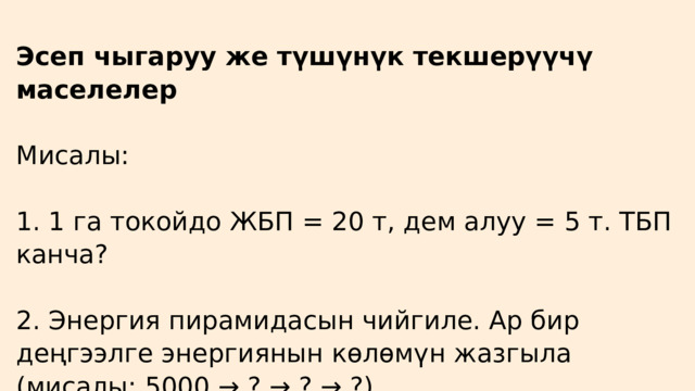 Эсеп чыгаруу же түшүнүк текшерүүчү маселелер Мисалы: 1. 1 га токойдо ЖБП = 20 т, дем алуу = 5 т. ТБП канча? 2. Энергия пирамидасын чийгиле. Ар бир деңгээлге энергиянын көлөмүн жазгыла (мисалы: 5000 → ? → ? → ?) 
