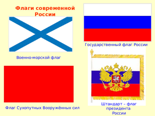 Флаги современной России Государственный флаг России Военно-морской флаг Штандарт – флаг президента России Флаг Сухопутных Вооружённых сил 