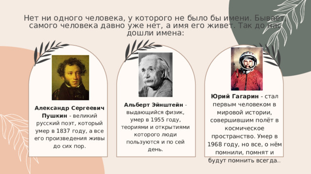 Нет ни одного человека, у которого не было бы имени. Бывает, самого человека давно уже нет, а имя его живет. Так до нас дошли имена: Юрий Гагарин  - стал первым человеком в мировой истории, совершившим полёт в космическое пространство. Умер в 1968 году, но все, о нём помнили, помнят и будут помнить всегда. . Альберт Эйнштейн  - выдающийся физик, умер в 1955 году, теориями и открытиями которого люди пользуются и по сей день. Александр Сергеевич Пушкин - великий русский поэт, который умер в 1837 году, а все его произведения живы до сих пор. 