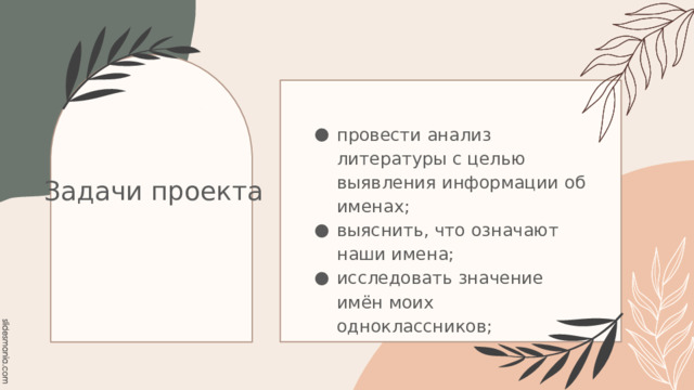 провести анализ литературы с целью выявления информации об именах; выяснить, что означают наши имена; исследовать значение имён моих одноклассников; Задачи проекта 