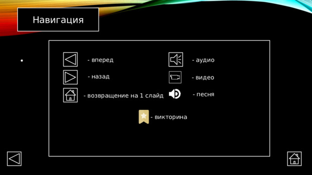 Навигация - аудио - вперед - назад - видео - песня - возвращение на 1 слайд - викторина 