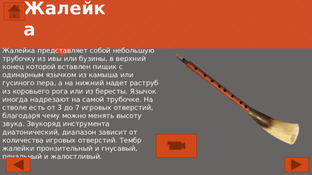 Жалейка Жалейка представляет собой небольшую трубочку из ивы или бузины, в верхний конец которой вставлен пищик с одинарным язычком из камыша или гусиного пера, а на нижний надет раструб из коровьего рога или из бересты. Язычок иногда надрезают на самой трубочке. На стволе есть от 3 до 7 игровых отверстий, благодаря чему можно менять высоту звука. Звукоряд инструмента диатонический, диапазон зависит от количества игровых отверстий. Тембр жалейки пронзительный и гнусавый, печальный и жалостливый. 