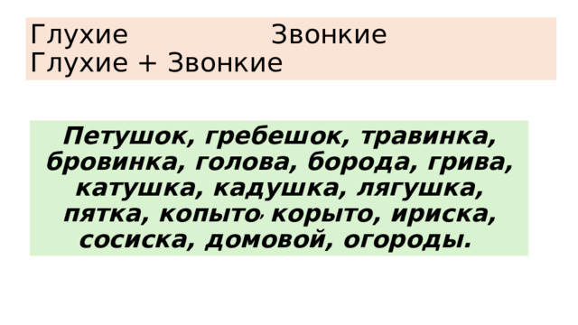 Глухие Звонкие Глухие + Звонкие Петушок, гребешок, травинка, бровинка, голова, борода, грива, катушка, кадушка, лягушка, пятка, копыто , корыто, ириска, сосиска, домовой, огороды.  