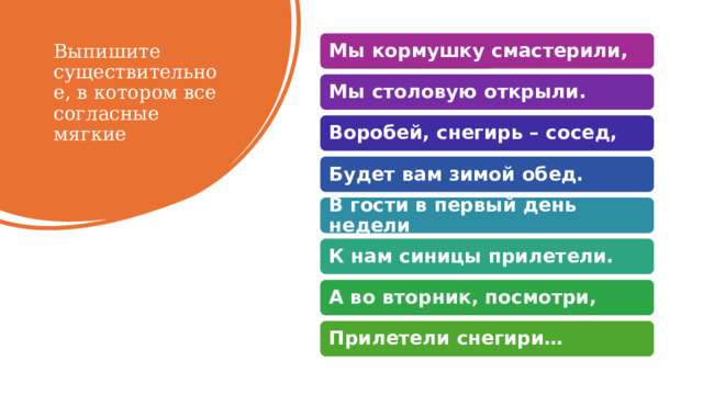 Мы кормушку смастерили, Выпишите существительное, в котором все согласные мягкие Мы столовую открыли. Воробей, снегирь – сосед, Будет вам зимой обед. В гости в первый день недели К нам синицы прилетели. А во вторник, посмотри, Прилетели снегири… 