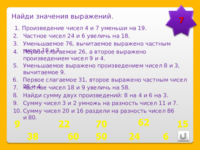 7 Найди значения выражений. Произведение чисел 4 и 7 уменьши на 19. Частное чисел 24 и 6 увеличь на 18. Уменьшаемое 76, вычитаемое выражено частным чисел 18 и 3. Первое слагаемое 26, а второе выражено произведением чисел 9 и 4. Уменьшаемое выражено произведением чисел 8 и 3, вычитаемое 9. Первое слагаемое 31, второе выражено частным чисел 28 и 4. Частное чисел 18 и 9 увеличь на 58. Найди сумму двух произведений: 8 на 4 и 6 на 3. Сумму чисел 3 и 2 умножь на разность чисел 11 и 7. Сумму чисел 20 и 16 раздели на разность чисел 86 и 80. 