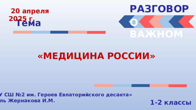 РАЗГОВОРЫ   20 апреля 2025 г. О ВАЖНОМ Тема «МЕДИЦИНА РОССИИ» «МБОУ СШ №2 им. Героев Евпаторийского десанта» Учитель Жернакова И.М. 1-2 классы 