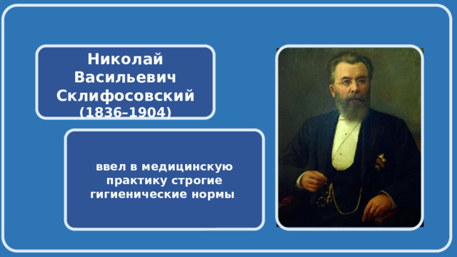    Николай Васильевич Склифосовский (1836–1904)  ввел в медицинскую практику строгие гигиенические нормы 