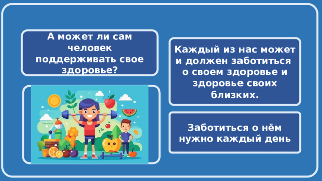   А может ли сам человек поддерживать свое здоровье?  Каждый из нас может и должен заботиться о своем здоровье и здоровье своих близких.  Заботиться о нём нужно каждый день 