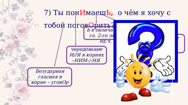 7) Ты пон И маеш Ь ,  о чём я хочу с тобой погов О рить? Ь в окончаниях гл. 2-го лица, ед.ч. Запятая разделяет главное предложение и придаточное чередование И//Я в корнях –НИМ-/-НЯ Безударная гласная в корне – уговОр 
