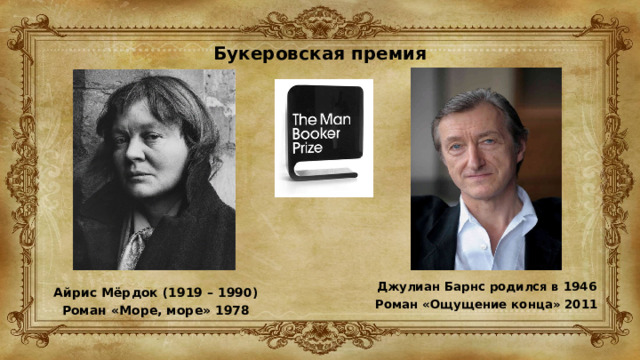 Букеровская премия   Джулиан Барнс родился в 1946 Роман «Ощущение конца» 2011 Айрис Мёрдок (1919 – 1990) Роман «Море, море» 1978 