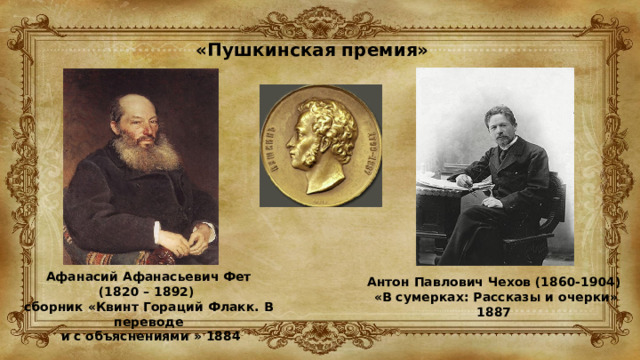  «Пушкинская премия» Антон Павлович Чехов (1860-1904)  «В сумерках: Рассказы и очерки» 1887 Афанасий Афанасьевич Фет (1820 – 1892)  сборник «Квинт Гораций Флакк. В переводе  и с объяснениями » 1884 