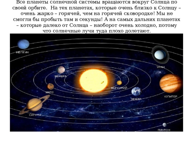 Все планеты солнечной системы вращаются вокруг Солнца по своей орбите. На тех планетах, которые очень близко к Солнцу – очень жарко – горячей, чем на горячей сковородке! Мы не смогли бы пробыть там и секунды! А на самых дальних планетах – которые далеко от Солнца – наоборот очень холодно, потому что солнечные лучи туда плохо долетают. 