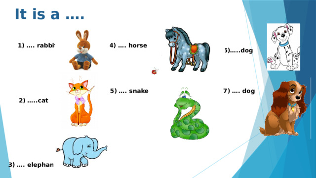 It is a …. 1) …. rabbit 4) …. horse 6)…..dog 7) …. dog 5) …. snake 2) …..cat 3) …. elephant 
