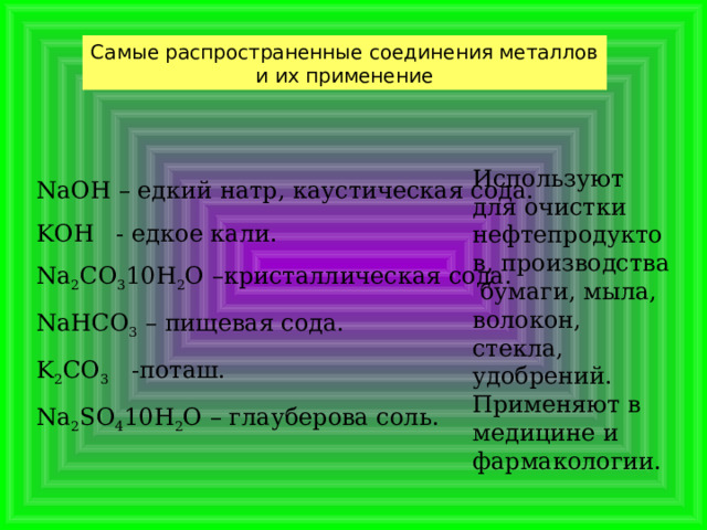 Самые распространенные соединения металлов и их применение Используют для очистки нефтепродуктов, производства бумаги, мыла, волокон, стекла, удобрений. Применяют в медицине и фармакологии. NaOH – едкий натр, каустическая сода. KOH - едкое кали. Na 2 CO 3 10H 2 O – кристаллическая сода. NaHCO 3 – пищевая сода. K 2 CO 3 - поташ.  Na 2 SO 4 10H 2 O – глауберова соль. 