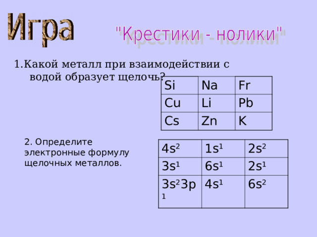 1.Какой металл при взаимодействии с водой образует щелочь? Si Na Cu Cs Fr Li Zn Pb K 2. Определите электронные формулу щелочных металлов. 4s 2 3s 1 1s 1 2s 2 6s 1 3s 2 3p 1 2s 1 4s 1 6s 2 