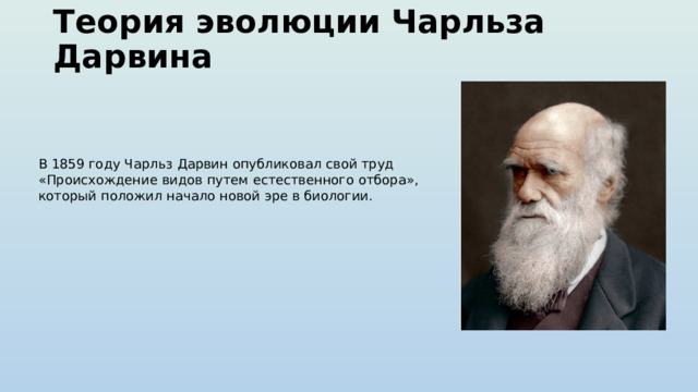 Теория эволюции Чарльза Дарвина   В 1859 году Чарльз Дарвин опубликовал свой труд «Происхождение видов путем естественного отбора», который положил начало новой эре в биологии. 